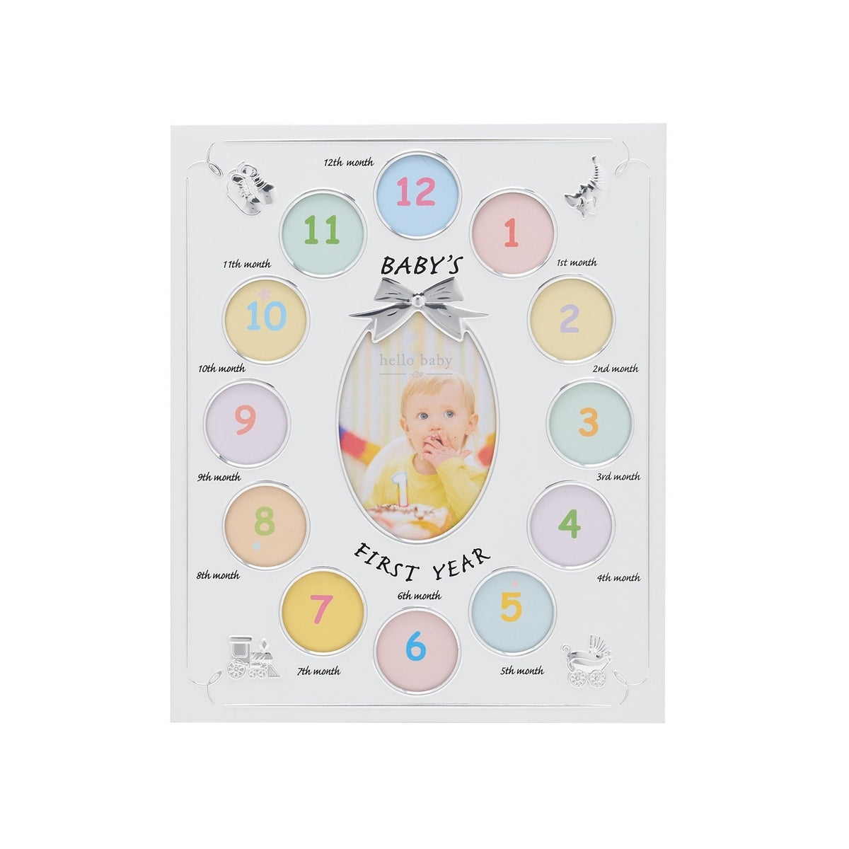 Silver metal multi-aperture photo frame with twelve numbered round openings labelled 1st to 12th month around a central oval photo space reading "Baby's First Year," shown on a white background.