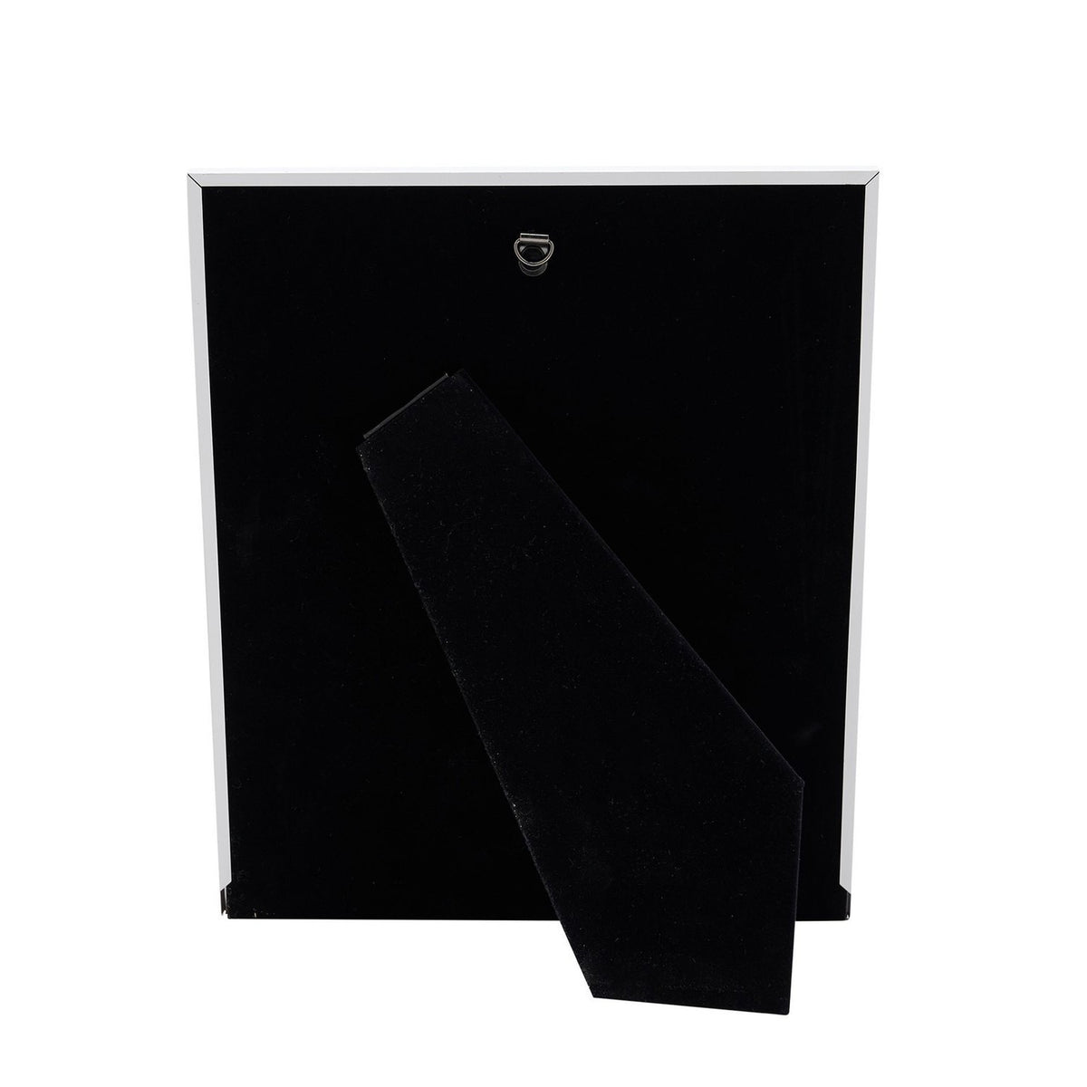 Rear view of the Baby's First Year Multi-Aperture Metal Photo Frame in silver, showing the black backing board, hanging hook, and velvet easel stand on a plain white background.