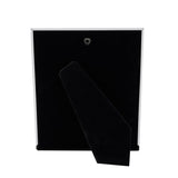 Rear view of the Baby's First Year Multi-Aperture Metal Photo Frame in silver, showing the black backing board, hanging hook, and velvet easel stand on a plain white background.