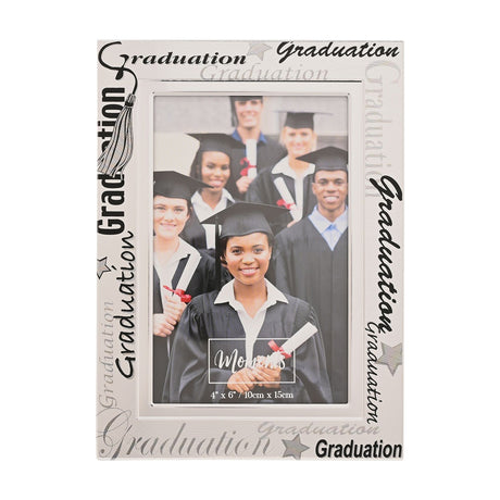Rectangle graduation photo frame in satin silver with "Graduation" text repeated in black and grey script, grey stars, and a tassel detail, holding a 6 x 4in graduation photo.