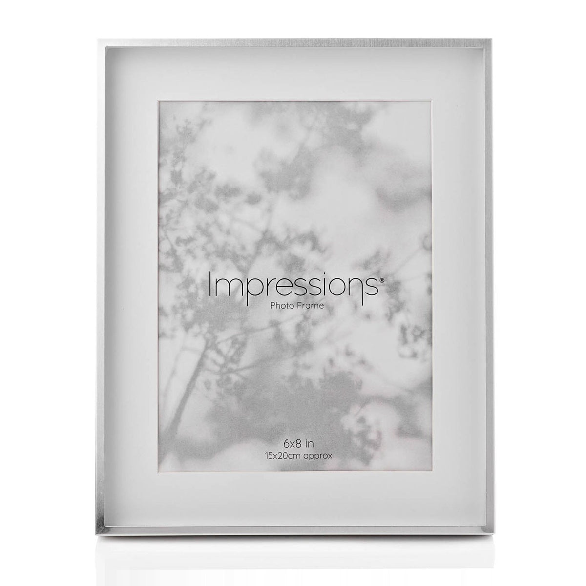 Silver shadow photo frame with white mount, slim rectangular border for an 8 x 6in print, shown upright on a plain white background.