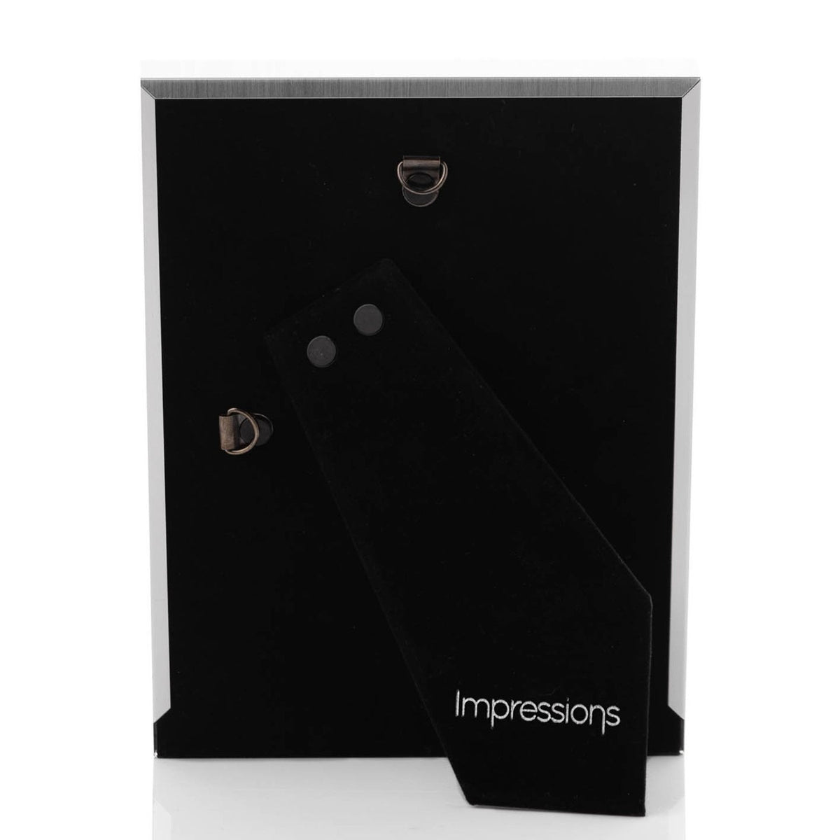 Rear view of the Shadow Photo Frame 8 x 6in in silver, showing black backing with two hanging hooks and a fold-out velvet easel stand on a white background.