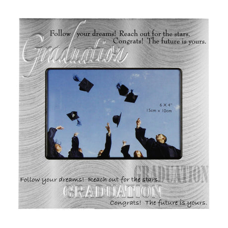Square satin silver aluminium photo frame with embossed "Graduation" script and text, holding a 6 x 4in photo of graduation caps tossed against a blue sky.