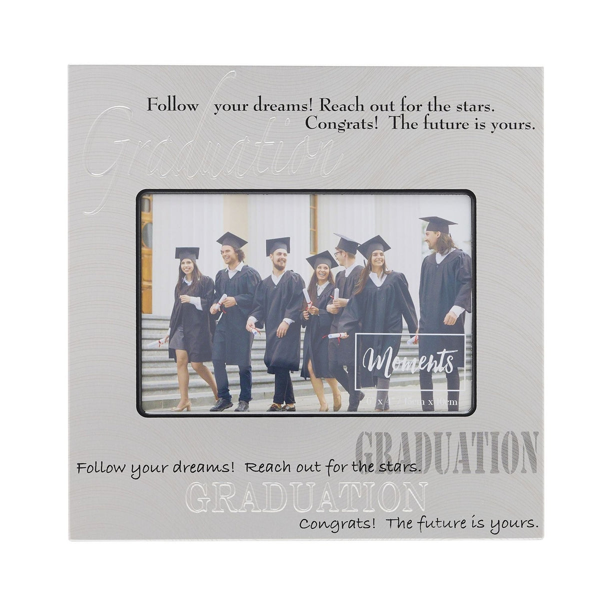 Square satin silver aluminium photo frame with embossed "Graduation" script and text, holding a 6x4in photo of graduates in gowns and caps.