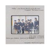 Square satin silver aluminium photo frame with embossed "Graduation" script and text, holding a 6x4in photo of graduates in gowns and caps.