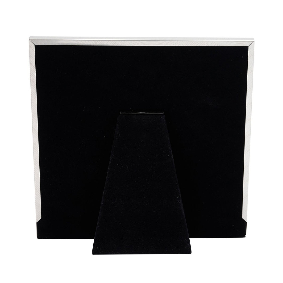 Square aluminium photo frame, 6 x 4in, in satin silver with embossed Graduation text, shown from behind with black velvet backing and easel stand on a white background.