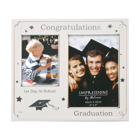 Silver aluminium double photo frame with "Congratulations" at top, star details and a mortarboard motif, captioned "1st Day At School" and "Graduation" beneath two rectangular openings.