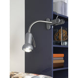 Fabio Clip On Lamp in silver, shown clipped to a dark shelf edge with flexible gooseneck arm and rounded spot head, set against a navy bookshelf with books and decor.