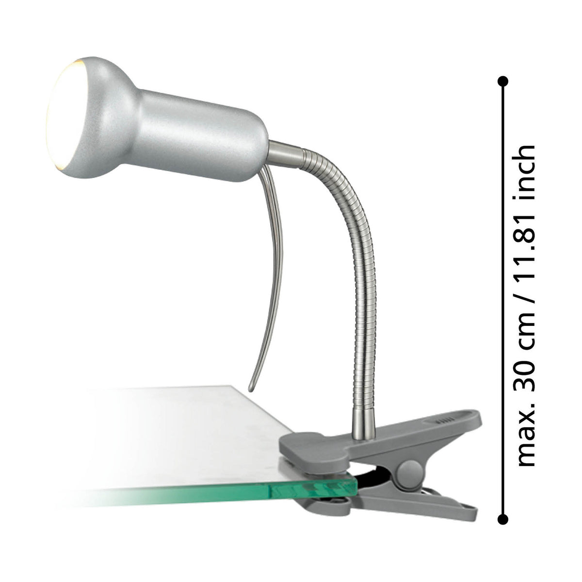 Fabio Clip On Lamp in silver with rounded spot head, flexible gooseneck arm and spring clip base, shown on a glass shelf edge with height measurement of max 30cm against a white background.