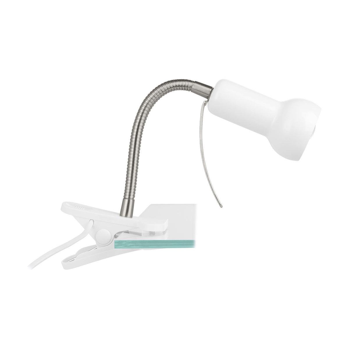 Fabio Clip On Lamp in white and silver, with a flexible steel gooseneck, white spring clip for desk edges, and a white bell-shaped shade for an E14 bulb, shown on a plain background.