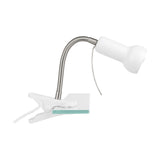 Fabio Clip On Lamp in white and silver, with a flexible steel gooseneck, white spring clip for desk edges, and a white bell-shaped shade for an E14 bulb, shown on a plain background.