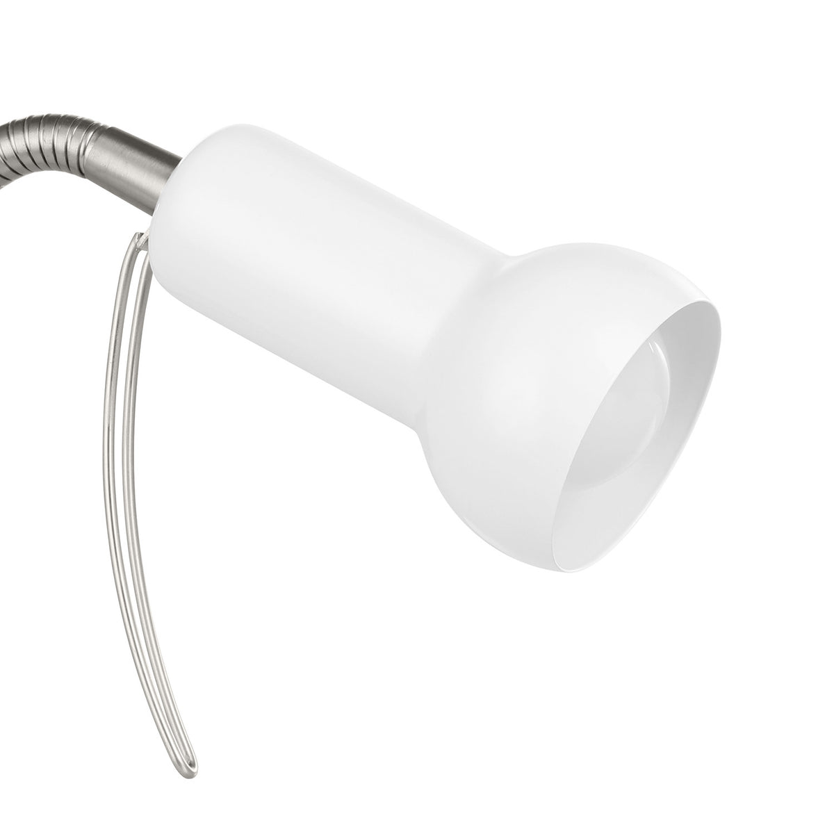 Close-up of the Fabio Clip On Lamp in white and silver, showing the flexible silver gooseneck and white bell-shaped shade with visible spring clip, set against a plain white background.