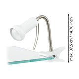Fabio Clip On Lamp in white and silver, featuring a bell shaped shade, flexible gooseneck, and spring clip, shown with a max height of 37.5cm on a plain background.