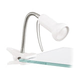 Fabio Clip On Lamp in white and silver, with a flexible silver gooseneck, white spring clip, and white bell-shaped shade, shown clipped onto a glass shelf edge against a plain white background.