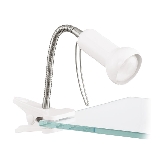 Fabio Clip On Lamp in white and silver, with a flexible silver gooseneck, white spring clip, and white bell-shaped shade, shown clipped onto a glass shelf edge against a plain white background.