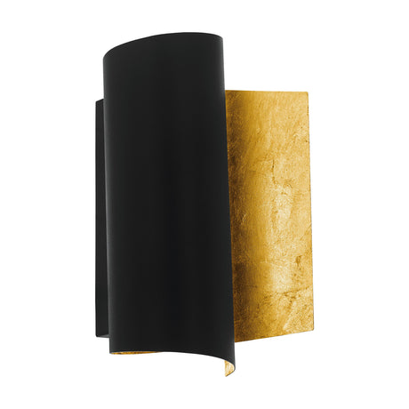 Falicetto Wall Light in black and gold, featuring a curved matt black steel shade wrapped around a crinkled gold back plate, shown on a plain white background.