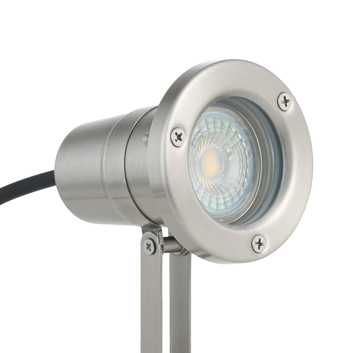 Falmessa garden spike light with stainless steel body, round spotlight head fitted with a GU10 bulb, hinged joint, and ground spike, shown on a white background.