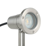Falmessa garden spike light with stainless steel body, round spotlight head fitted with a GU10 bulb, hinged joint, and ground spike, shown on a white background.