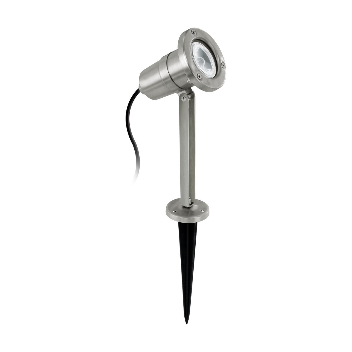 Falmessa garden spike light in stainless steel with a round GU10 spotlight head on a slim upright stem and black ground spike, shown on a plain white background.