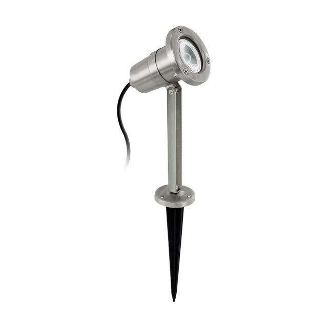 Falmessa garden spike light in stainless steel with a round GU10 spotlight head on a slim upright stem and black ground spike, shown on a plain white background.