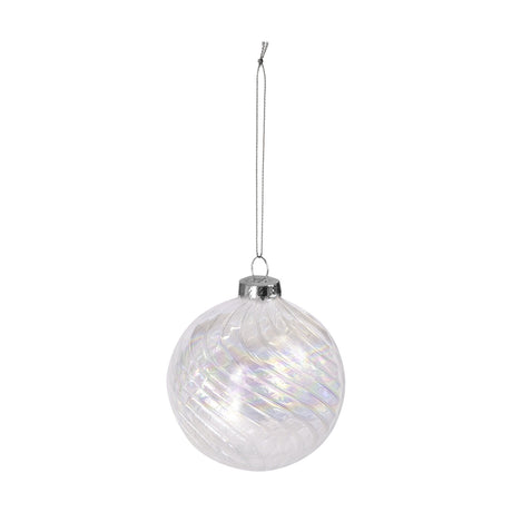 Fanore Christmas Bauble 8cm, a round clear glass ornament with diagonal ribbed swirls and an iridescent sheen, topped with a silver cap and hanging thread on a plain white background.