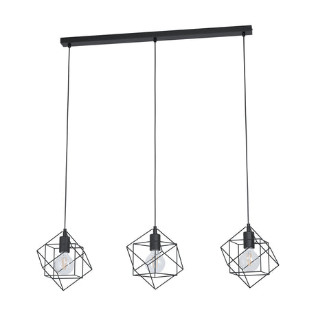 Fanvenne Linear Pendant Light in black steel, featuring three open cage shades with exposed bulbs suspended from a single ceiling bar on a plain white background.