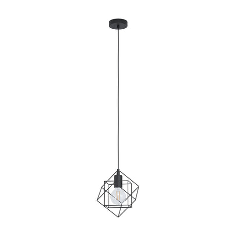 Fanvenne pendant light in black steel, with a geometric wire cube shade around an exposed E27 bulb, suspended from a round ceiling rose on a plain white background.