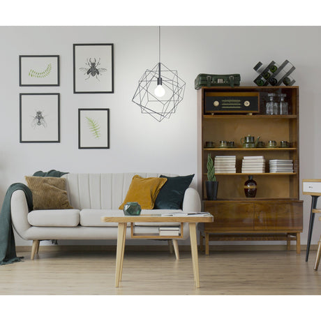 Fanvenne Pendant Light 51.5cm in black steel wire cage design with single E27 bulb, hung above a wooden coffee table in a living room setting.