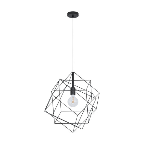 Fanvenne Pendant Light 51.5cm in black steel wire, featuring overlapping geometric cube frames and a single central E27 bulb, shown on a plain white background.