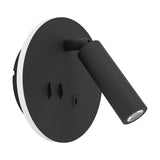 Fanzarotta 1 round LED wall light in black steel with an adjustable cylindrical reading spot and visible switch, shown on a plain white background.