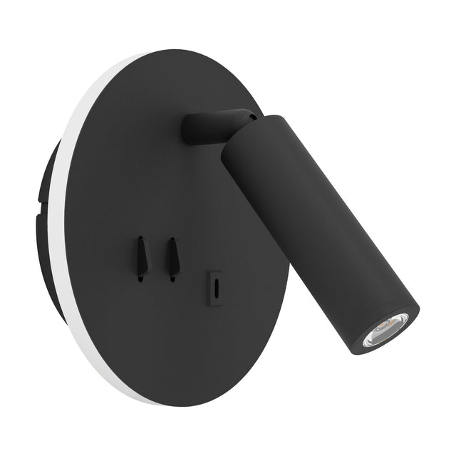 Fanzarotta 1 round LED wall light in black steel with an adjustable cylindrical reading spot and visible switch, shown on a plain white background.