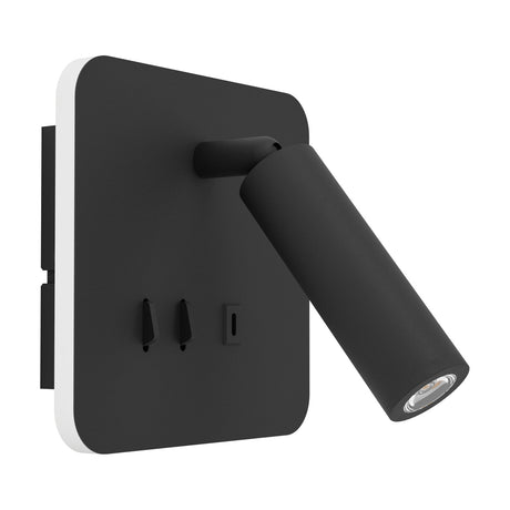 Fanzarotta 1 Square LED Wall Light in black steel, featuring a square backplate with two switches, a USB-style port, and an adjustable cylindrical reading spot on a pivot, shown on a white background.