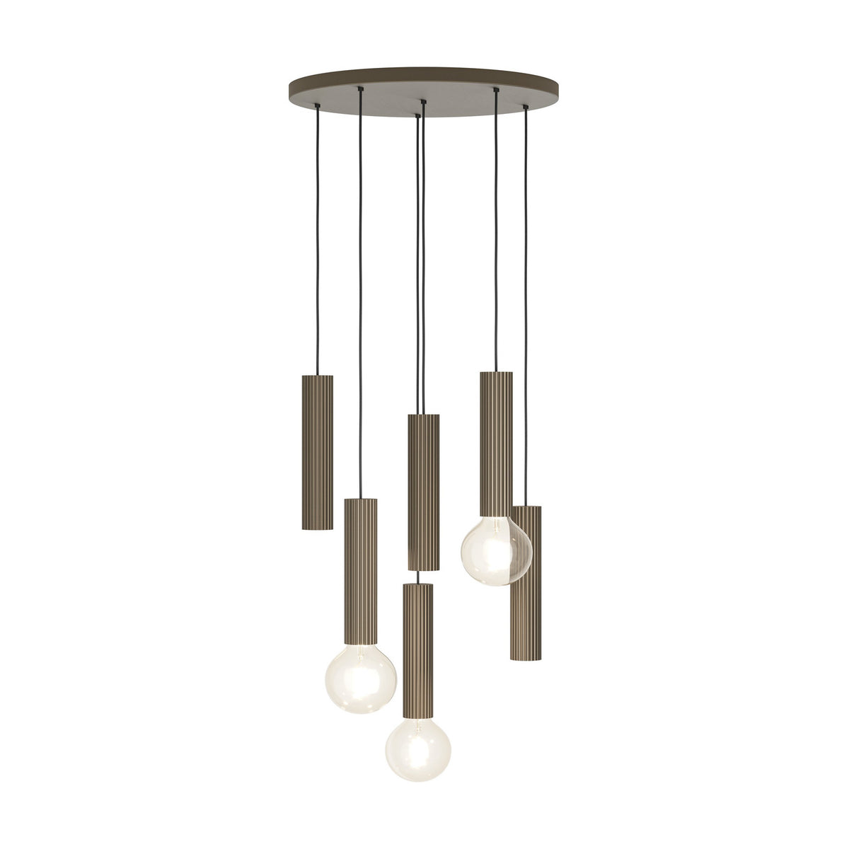 Fariolo 6 Light Pendant in bronze, six slim ribbed steel tubes hanging at staggered heights from a round ceiling plate, shown on a plain white background.