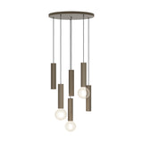 Fariolo 6 Light Pendant in bronze, six slim ribbed steel tubes hanging at staggered heights from a round ceiling plate, shown on a plain white background.