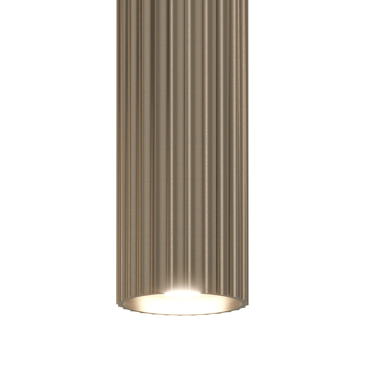 Fariolo 6 Light Pendant in bronze, close-up of a single ribbed steel tube with illuminated open base, shown against a plain white background.