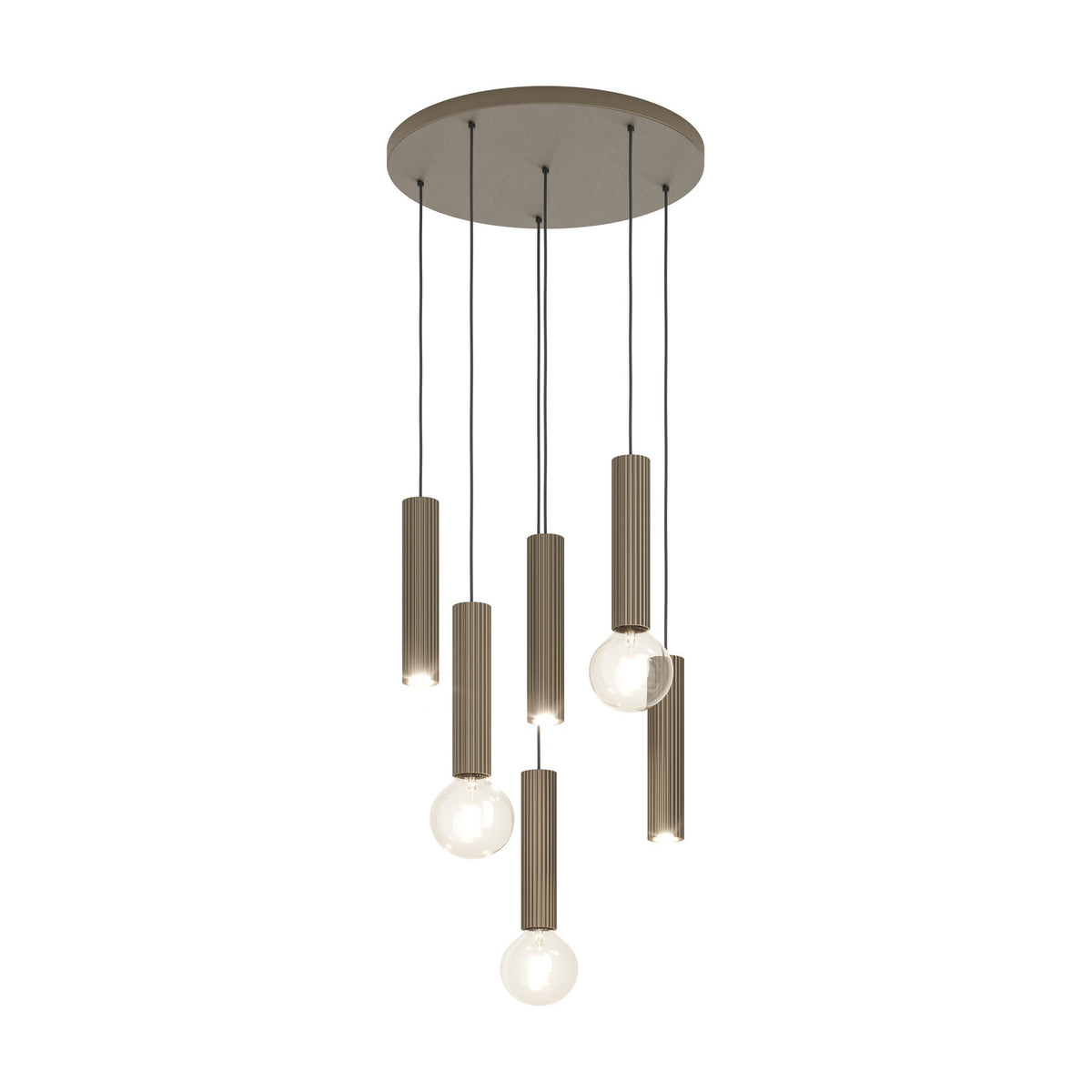 Fariolo 6 Light Pendant in bronze, six slim ribbed steel tubes at staggered heights from a round ceiling plate, with exposed globe bulbs, on a plain white background.