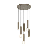 Fariolo 6 Light Pendant in bronze, six slim ribbed steel tubes at staggered heights from a round ceiling plate, with exposed globe bulbs, on a plain white background.