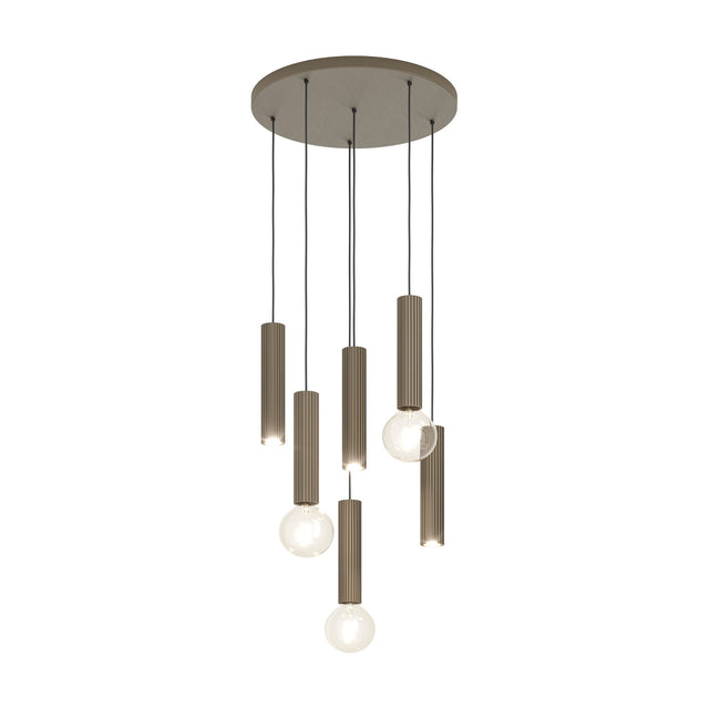 Fariolo 6 Light Pendant in bronze, six slim ribbed steel tubes at staggered heights from a round ceiling plate, with exposed globe bulbs, on a plain white background.