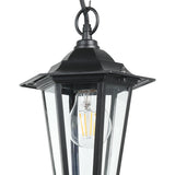 Fasvette lantern-style pendant light in black cast aluminium with clear glass panels, shown with an exposed filament bulb, suspended from a black chain against a white background.