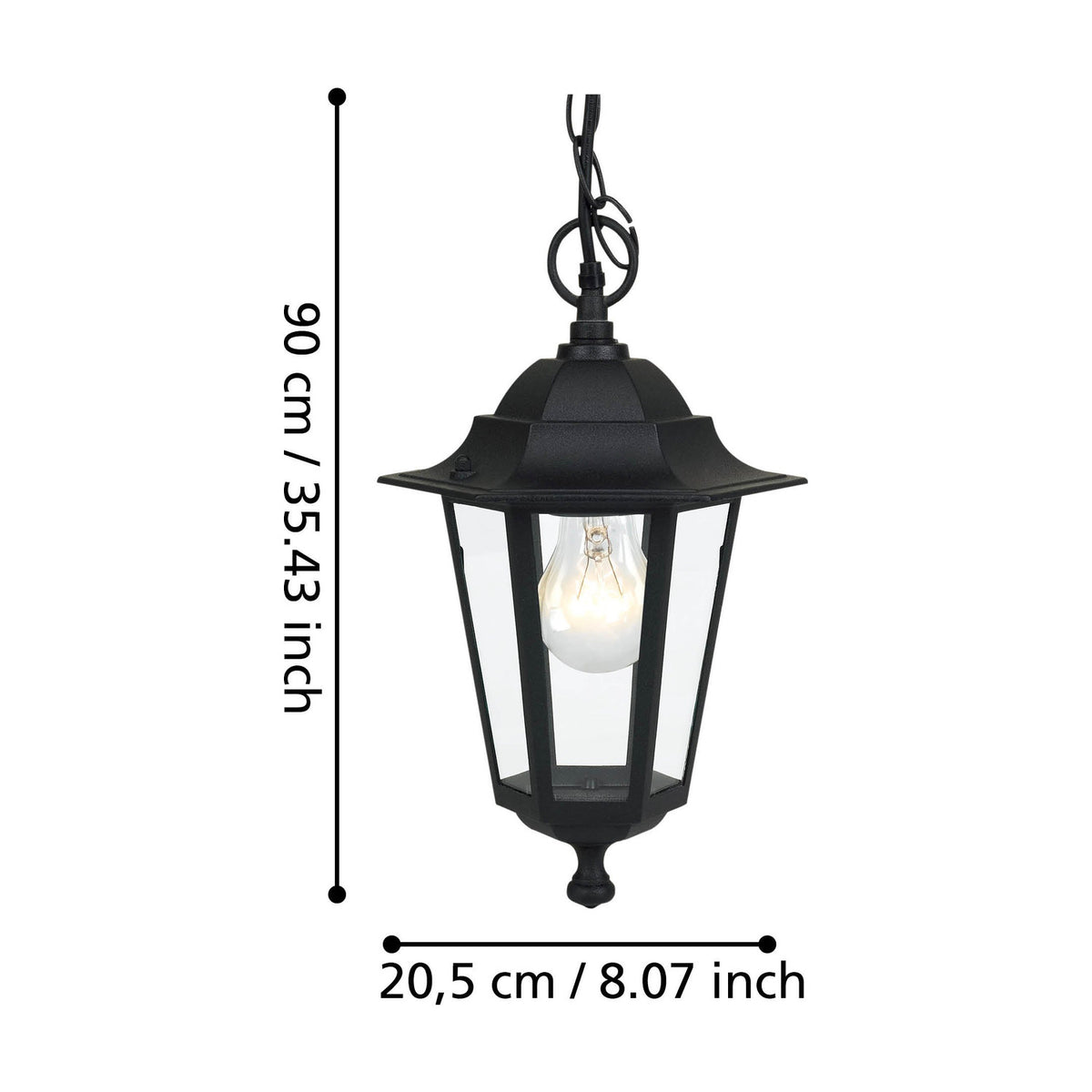 Fasvette six-sided lantern pendant light in black cast aluminium with clear glass panes, hung on a chain, shown with size label 90cm height and 20.5cm diameter on white background.