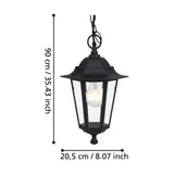 Fasvette six-sided lantern pendant light in black cast aluminium with clear glass panes, hung on a chain, shown with size label 90cm height and 20.5cm diameter on white background.