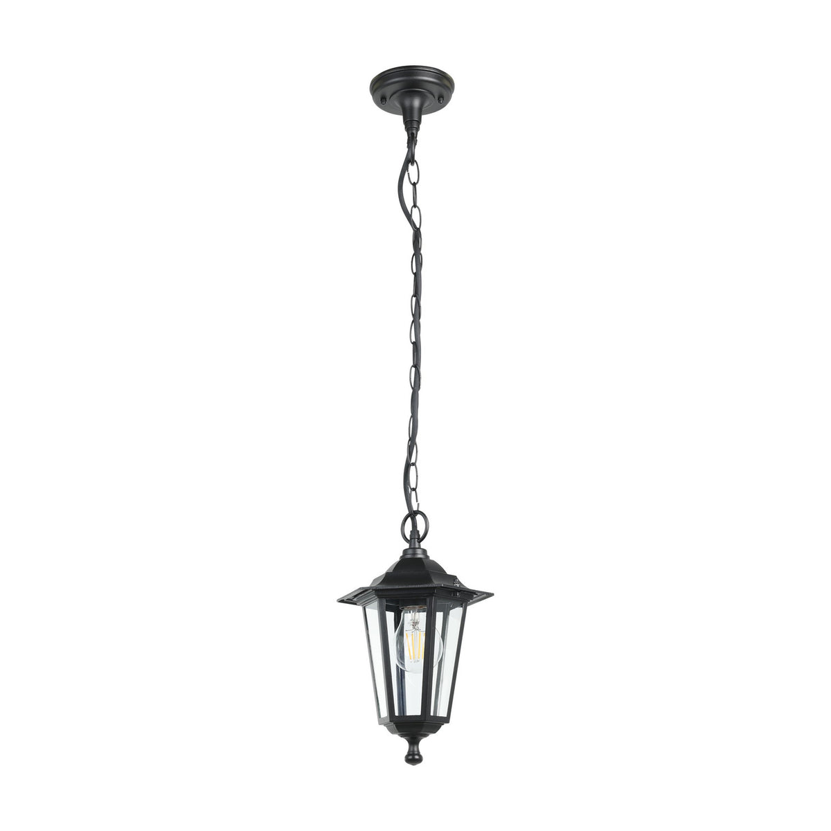 Fasvette lantern-style pendant light in black cast aluminium with clear glass panes, black chain and ceiling rose, shown on a plain white background.