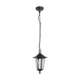 Fasvette lantern-style pendant light in black cast aluminium with clear glass panes, black chain and ceiling rose, shown on a plain white background.