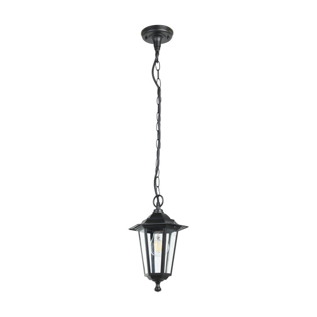 Fasvette lantern-style pendant light in black cast aluminium with clear glass panes, black chain and ceiling rose, shown on a plain white background.