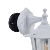 Close-up of the Fasvette outdoor wall light's black wall mounting bracket and white cast aluminium arm with turned finial, set against a plain white background.