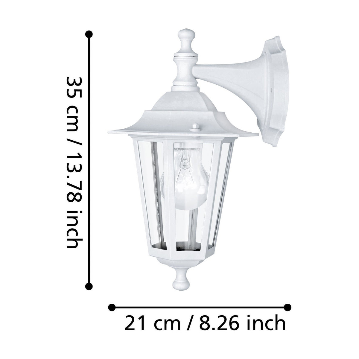Fasvette downward outdoor wall light in white cast aluminium, a six-sided lantern with clear glass panels and curved mounting arm, shown with dimensions 35 x 21cm on a white background.