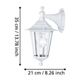 Fasvette downward outdoor wall light in white cast aluminium, a six-sided lantern with clear glass panels and curved mounting arm, shown with dimensions 35 x 21cm on a white background.