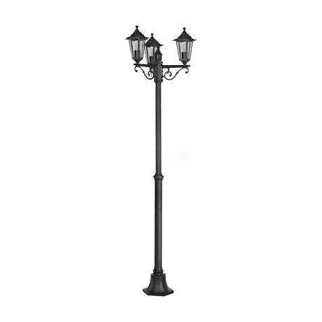 Fasvette three-light lamp post in black, with hexagonal lantern heads and clear glass panels on scrolled arms atop a slim aluminium column with hexagonal base, shown on a plain white background.