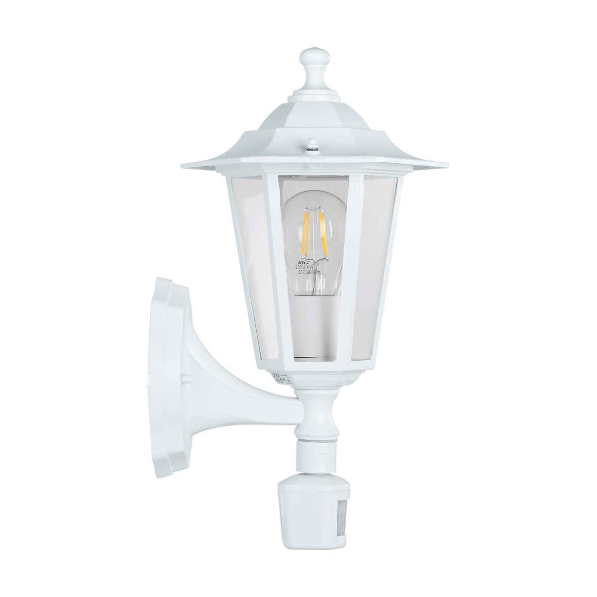 Fasvette white traditional six-sided lantern outdoor wall light with clear glass panels, cast aluminium body, curved wall bracket and motion sensor, shown on a plain white background.