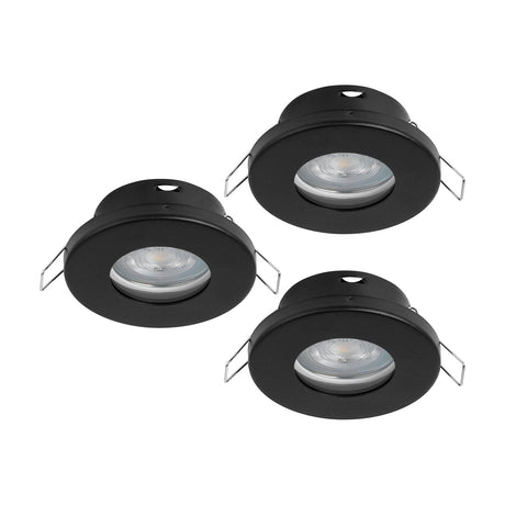 Set of three Favazzina round recessed downlights, 8.5cm, black steel bodies with clear glass covers and GU10 bulbs, spring clip fittings, shown on a plain white background.